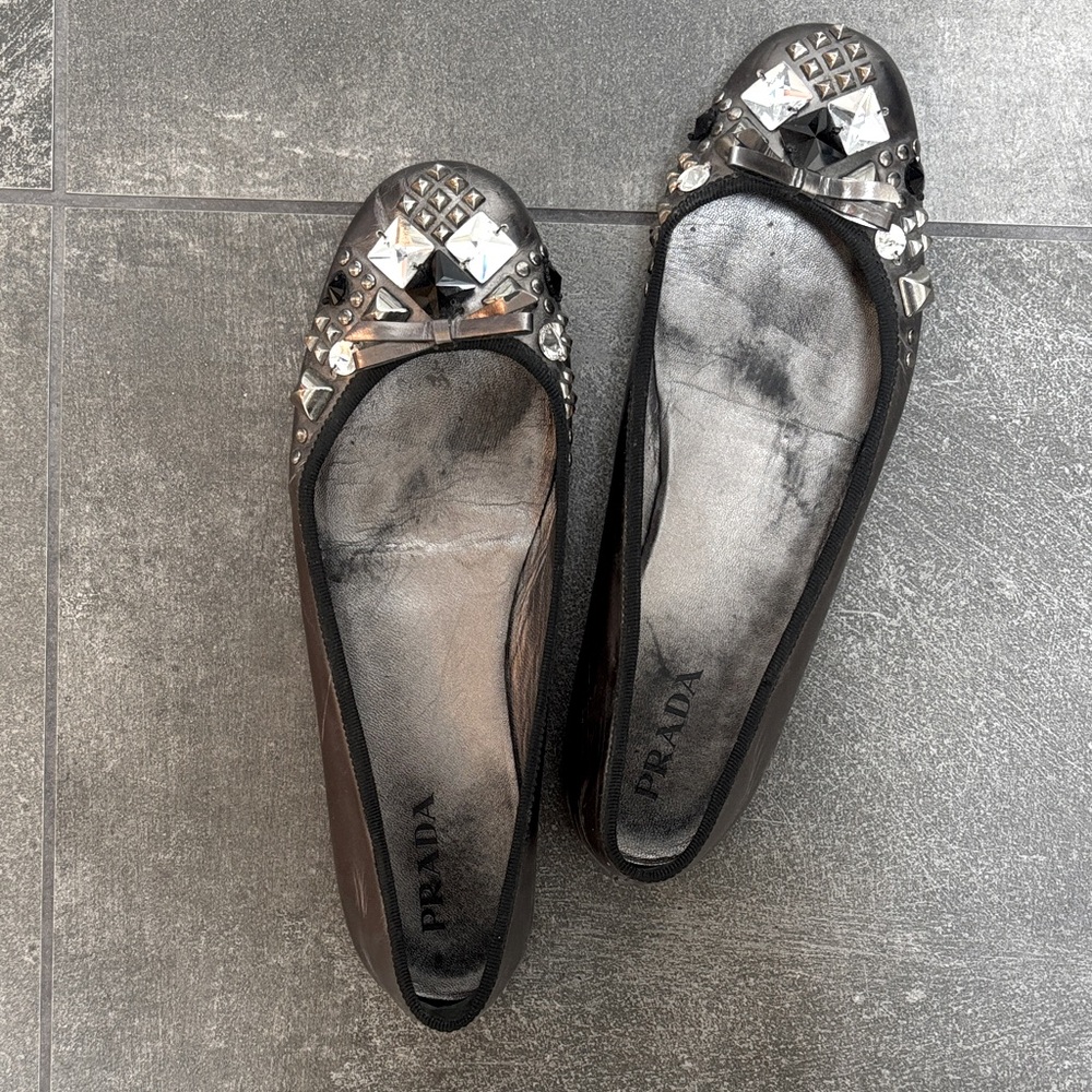 Prada Black Crystal Embellished Flats